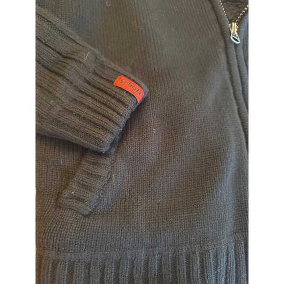 Schott N.Y.C. Black Hooded Zip Sweater Jacket Sherpa Lining Ribbed Sleeves Small - Picture 4 of 5